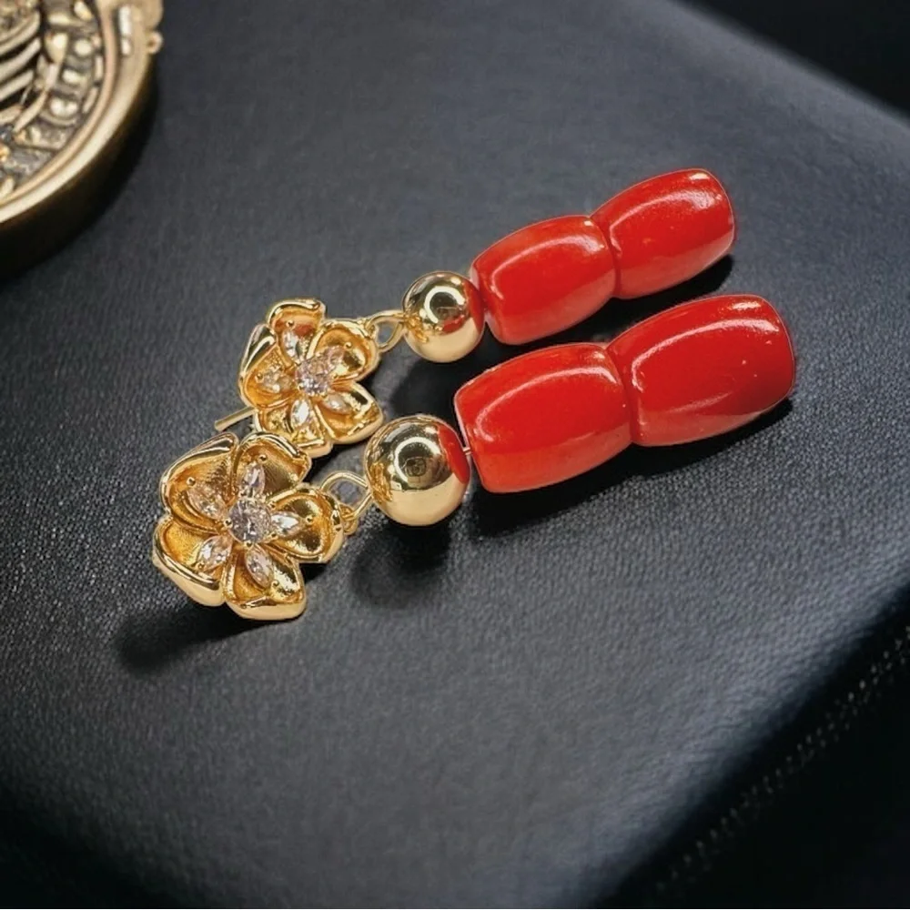 NEW Yellow Gold Blooming Flower Gold Hematite & Red-Orange Natural Coral Earring